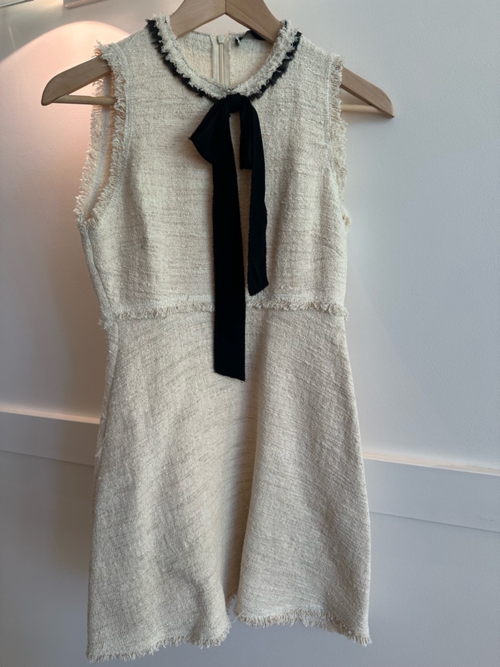 Zara Cream Tweed Mini Dress with Black Neck Tie